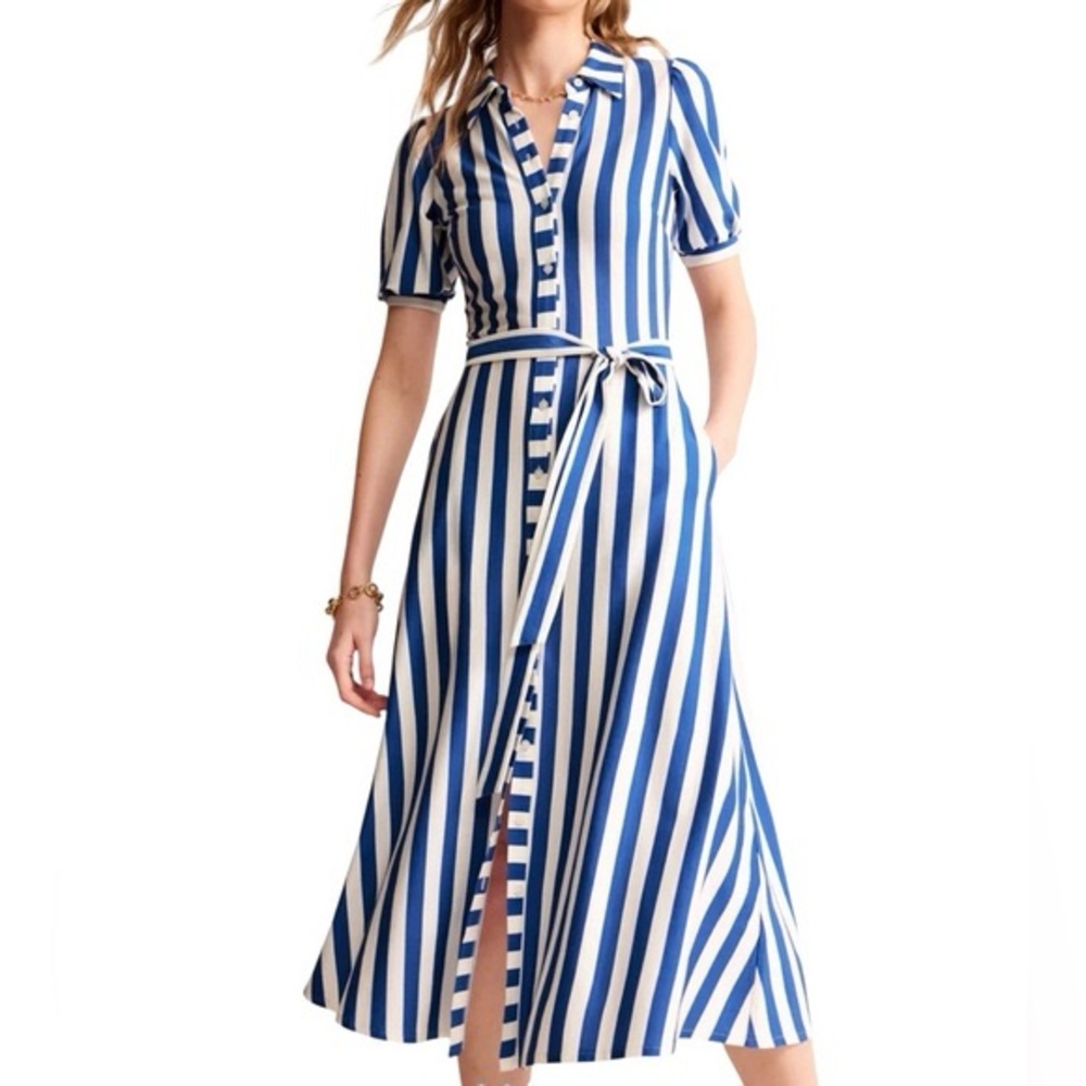 Boden Libby Jersey Blue and White Striped Midi Shirt Dress Size 14 NWT